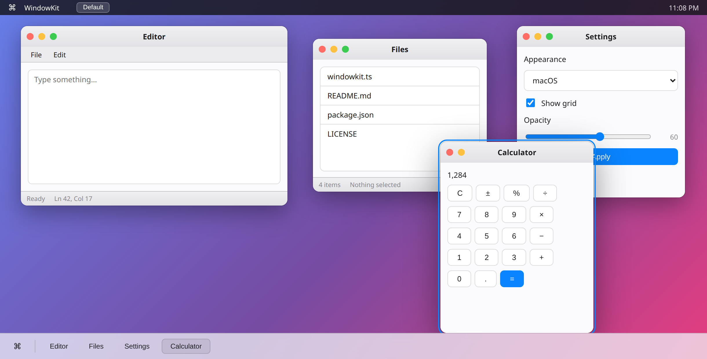 WindowKit demo application in the macOS theme